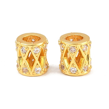 Brass Micro Pave Clear Cubic Zirconia European Beads, Large Hole Beads, Column with Rhombus Pattern, Rack Plating, Long-Lasting Plated, Lead Free & Cadmium Free, Golden, 7.5x8mm, Hole: 4mm