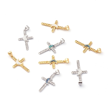 Brass & Natural Shell Pendants, Cross with Moon, Mixed Color, 27x16x2mm, Hole: 3.5x4mm