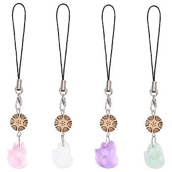 Cell Phone Strap Charm Fox Glass & Ivory Nut Charm Hanging Keychain for Women, Phone Decorations Charm, Mixed Color, 10.5~11cm, 4pcs/set