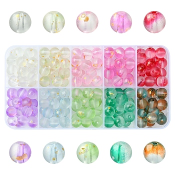 200Pcs 10 Colors Frosted Baking Paint Glass Beads, with Golden Glitter Powder, Round, Mixed Color, 8~8.5mm, Hole: 1.4~1.6mm, 20pcs/color