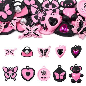 20Pcs 10 Style Spray Painted Alloy Pendants, Mixed Shapes, Hot Pink, 13~25x15~21.5x1.5~5.5mm, Hole: 1~7.5mm, 2pcs/style