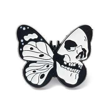 Butterfly with Skull Enamel Pin, Halloween Alloy Brooch for Backpack Clothes, Electrophoresis Black, White, 25x30.5x2mm