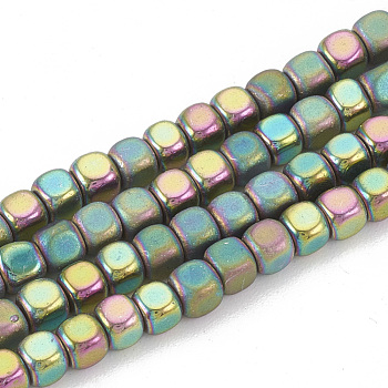 Electroplate Non-magnetic Synthetic Hematite Beads Strands, Half Matte Style, Cube, Rainbow Plated, 3x3x3mm, Hole: 0.8mm, about 140pcs/strand, 15.7 inch