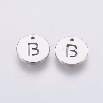 304 Stainless Steel Charms,  Flat Round with Letter, Stainless Steel Color, Letter.B, 10x1mm, Hole: 1mm