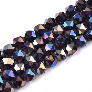Electroplate Opaque Glass Beads Strands, AB Color Plated, Faceted, Round, Purple, 5.5x5.5x5.5mm, Hole: 1mm, about 97~99pcs/strand, 20.87 inch~21.26 inch(53cm~54cm)