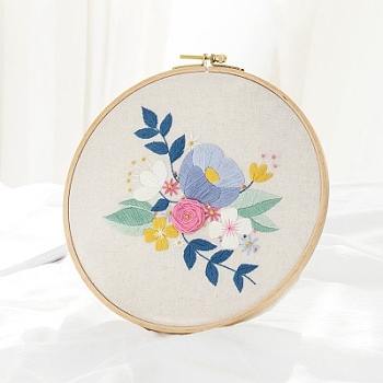Flower Pattern DIY Embroidery Kit, including Embroidery Needles & Thread, Cotton Linen Cloth, Steel Blue, 270x270mm