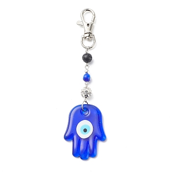 Handmade Lampwork Evil Eye Pendant Decoration, Natural Lava Rock Round Bead & Lobster Clasp Charms, for Keychain, Purse, Backpack Ornament, Palm, 141mm