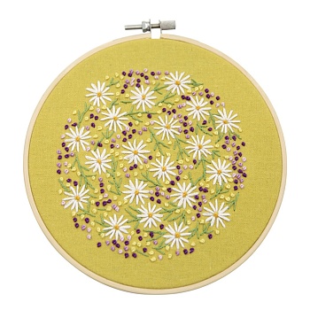 Embroidery Kit, DIY Cross Stitch Kit, with Embroidery Hoops, Needle & Cloth with Chrysanthemum Pattern, Colored Thread, Instruction, Chrysanthemum Pattern, 21.4x21x0.03cm, 1color/line, 7color