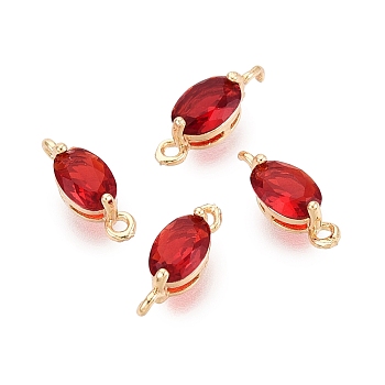 Brass Glass Faceted Oval Links Connector Charms, Light Gold, Red, 11~11.5x4x4mm, Hole: 1~1.6mm