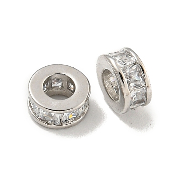 Brass Cubic Zirconia Spacer Beads, Long-Lasting Plated, Lead Free & Cadmium Free, Flat Round, Platinum, 5.8x3mm, Hole: 3mm