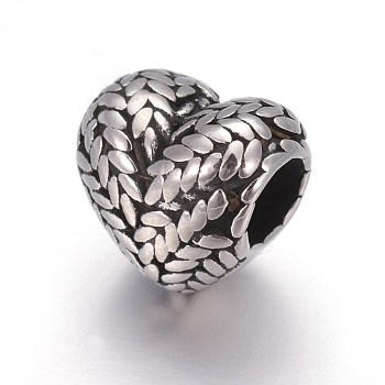Retro 316 Surgical Stainless Steel European Style Beads, Large Hole Beads, Heart with Wheat, Antique Silver, 11x12x8.5mm, Hole: 4.5mm