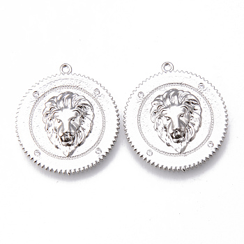 Brass Micro Pave Clear Cubic Zirconia Pendants, Nickel Free, Flat Round with Lion, Platinum, 25x23x3mm, Hole: 1.2mm