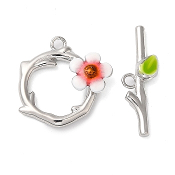 Brass Toggle Clasps, with Enamel, Nickel Free, Flower, Real Platinum Plated, 21.3x4.7mm, Bar: 8.5x26.5x3.5mm, Hole: 2mm