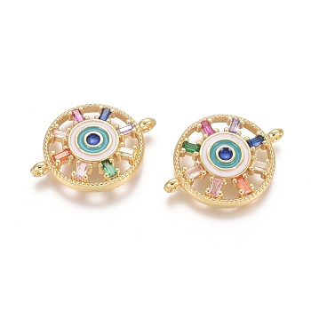 Brass Micro Pave Cubic Zirconia Links connectors, with Enamel, Flat Round with Evil Eye, Colorful, Golden, 17x23x3.5mm, Hole: 1.2mm