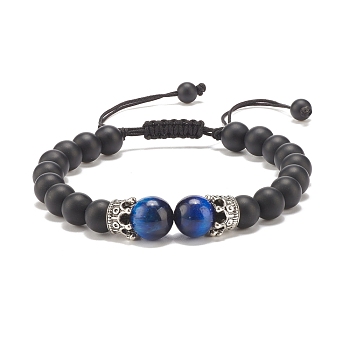 Natural Frosted Black Agate(Dyed) & Tiger Eye Braided Bead Bracelet with Alloy Crown, Gemstone Jewelry for Women, Medium Blue, Inner Diameter: 2-1/4~3-3/4 inch(5.6cm)