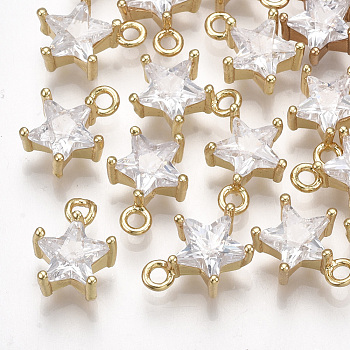 Brass Cubic Zirconia Charms, Star, Clear, Real 18K Gold Plated, 11x8.5x5mm, Hole: 1.5mm