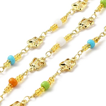 Handmade Eco-friendly Brass Butterfly Link Chain, with Glass Beaded, Long-Lasting Plated, Golden, Soldered, with Spool, Colorful, 10.5x7x2mm