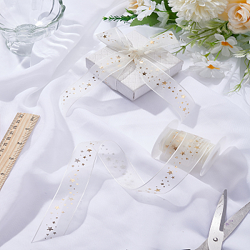 20 Yards Hot Stamping Star Polyester Chiffon Ribbons, with Plastic Spools, Gold, 1 inch(25mm)