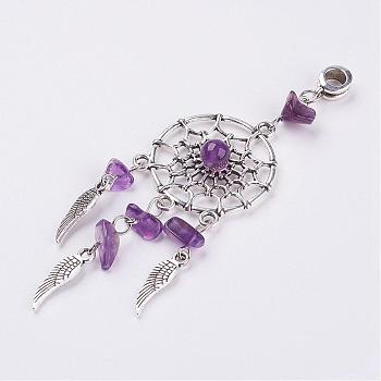 Tibetan Style Alloy European Dangle Charms, with Natural Chip Amethyst, Woven Net/Web with Feather, 92.5mm, Hole: 5mm