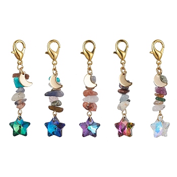 Electroplate Glass Star Pendant Decoration, Natural & Synthetic Mixed Stone Chips and Alloy Lobster Claw Clasps Charm, Mixed Color, 61mm