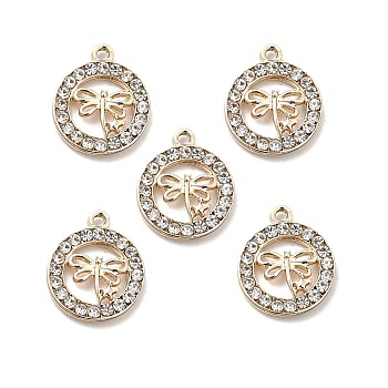 Alloy Crystal Rhinestone Pendants, Flat Round with Hollow Out Dragonfly Charms, Light Gold, 21x17.5x3mm, Hole: 2mm
