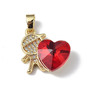 Real 18K Gold Plated Rack Plating Brass Micro Pave Clear Cubic Zirconia Pendants, with Glass, Long-Lasting Plated, Cadmium Free & Lead Free, Boy with Heart Charm, Red, 19.5x18x7.5mm, Hole: 5.5x3.5mm