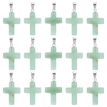16Pcs Religion Natural Green Aventurine Pendants, Cross Charm, with Stainless Steel Findings, Stainless Steel Color, 29~30x18~19x5~6mm, Hole: 6x4mm