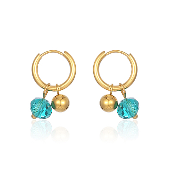 Elegant Stainless Steel Dangle Hoop Earrings, with Green Beads, Golden