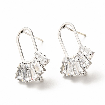 Brass Micro Pave Clear Cubic Zirconia Stud Earring Findings, with Loop, U Shape Tassel, Platinum, 15x23.5mm, Hole: 2.6mm, Pin: 0.7mm