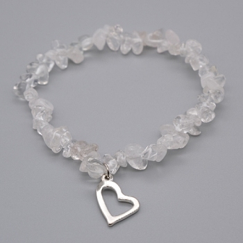 Alloy Charm Bracelets, Heart, with Natural Quartz Crystal Chip Beads and Elastic Crystal Thread, Silver Color Plated, 2-1/4 inch(55mm)