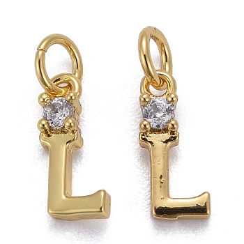 Brass Micro Pave Clear Cubic Zirconia Pendants, with Jump Rings, Real 18K Gold Plated, Long-Lasting Plated, Letter, Letter.L, 10x4x2mm