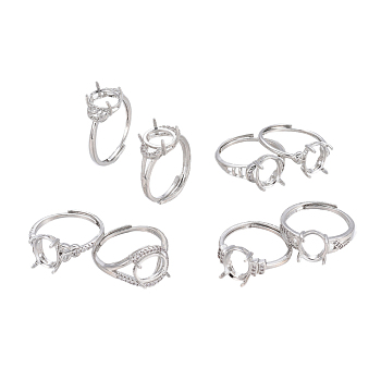 Adjustable Brass Finger Ring Components, 4 Claw Prong Ring Settings, with Cubic Zirconia, Long-Lasting Plated, Platinum, Size 7~8, 17~18mm, Tray: 9.5~10x7.5~8mm