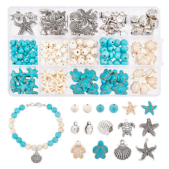 DIY Ocean Theme Bracelet Making Finding Kit, Including Starfish & Tortoise Synthetic Magnesite & Turquoise & Alloy Beads, Scallop Shape Alloy Charms & Tube Bail, Mixed Color, 4.5~25.5x4.5~23.5x2~9.5mm, Hole: 1~5.5mm, 191Pcs/box