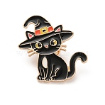 Halloween Theme Cat with Witch Hat Enamel Pins, Alloy Lapel Pin Backs for Backpack Clothes, Black, 35x35mm(JEWB-H033-06KCG)