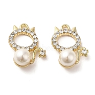 Alloy with Rhinestone Pendants, with ABS Imitation Pearl, Cat Charms, Golden, 23x17.5x8.5mm, Hole: 1.8mm(FIND-B032-03G)