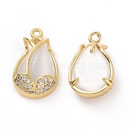 Brass Micro Pave Clear Cubic Zirconia Pendants, with Cat Eye, Flower Charm, Real 18K Gold Plated, 19x12x7mm, Hole: 1.5mm(ZIRC-F133-04G)