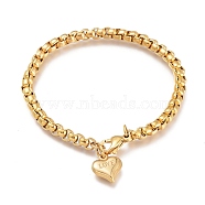 304 Stainless Steel Charm Bracelets, for Valentine's Day, with Box Chains and Lobster Claw Clasps, Heart with Word Love, Golden, 8-1/2 inch(21.6cm), 5mm(X-STAS-I154-05G)