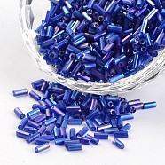 Glass Bugle Beads, Transparent Colours Rainbow, Blue, 3~5x1.8~2mm, Hole: 0.8mm, about 12000pcs/450g(SEED-I001-168)