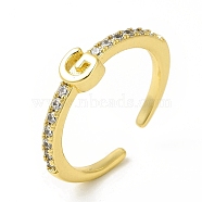 Clear Cubic Zirconia Initial Letter Open Cuff Ring, Real 18K Gold Plated Brass Jewelry for Women, Cadmium Free & Nickel Free & Lead Free, Letter.G, US Size 7 3/4(17.9mm)(RJEW-H120-09G-G)