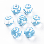 Transparent Glass Enamel Beads, Round with Wave, Light Sky Blue, 12.5~14x12x11.5mm, Hole: 1.6mm(GLAA-N049-011A)