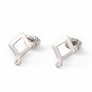 201 Stainless Steel Stud Earring Findings, with 304 Stainless Steel Pins, Horizontal Loops and Ear Nuts, Rhombus, Stainless Steel Color, 12x9.5mm, Hole: 1mm, Pin: 0.8mm(EJEW-A071-21P)