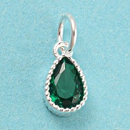 925 Sterling Silver Charms, with Cubic Zirconia, Faceted Teardrop, Silver, Green, 8.5x5x3mm, Hole: 3mm(STER-G035-01B-02)