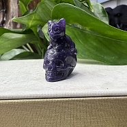 Natural Lepidolite Carved Skull with Cat Figurines, for Home Office Desktop Feng Shui Ornament, 30~40mm(PW-WG21880-06)