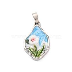 Brass Enamel Pendants, with Resin, Irregular Oval with Flower Charm, Platinum, 24x14x4mm, Hole: 4x2mm(KK-S502-06P)