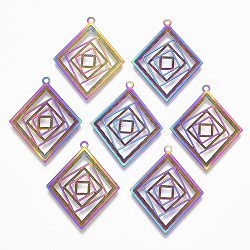 Ion Plating(IP) 304 Stainless Steel Filigree Pendants, Etched Metal Embellishments, Rhombus, Rainbow Color, 28.5x22.5x0.4mm, Hole: 1.2mm(STAS-T057-04)