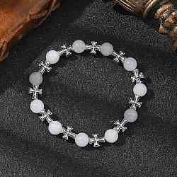 Natural Malaysia Jade Round Beads Stretch Bracelets, Alloy Cross Bead Bracelets for Men Women, Antique Silver, Inner Diameter: 2-1/4 inch(5.75cm)(BJEW-JB12343-02)
