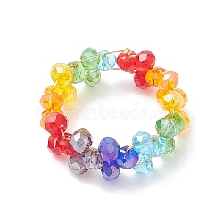 Glass Braided Bead Finger Ring, Stainless Steel Wire Wrap Jewelry for Women, Colorful, US Size 8 1/2(18.5mm)(RJEW-JR00568)