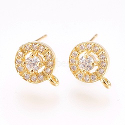 Brass Micro Pave Cubic Zirconia Stud Earring Findings, with Loop, Lead Free & Cadmium Free, Flat Round, Clear, Golden, 10.5x8x3.5mm, Hole: 1mm, Pin:0.6mm(KK-F753-10G-RS)