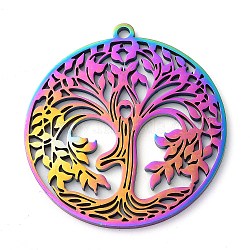 304 Stainless Steel Pendants,  Tree of Life Charms, Rainbow Color, 38x1.5mm, Hole: 2mm(STAS-R116-08RC)