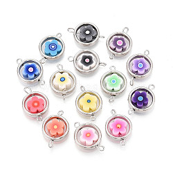 Polymer Clay Flower & CCB Ring Frame Links Connector Charms, with Brass Double Loops, Platinum, Mixed Color, 21~23x15x4~5mm, Hole: 1.5~2.2mm(CLAY-T022-23M-A)